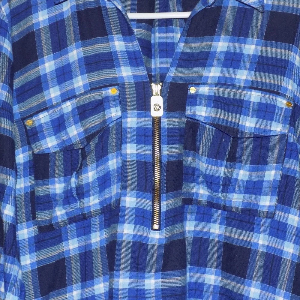 Michael Kors Plaid Tunic Women‎ Size L Blue Half Zip Roll Tab Sleeve Excellent